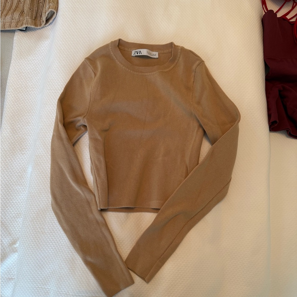 Zara Women's Tan Crew Neck Long Sleeve Top